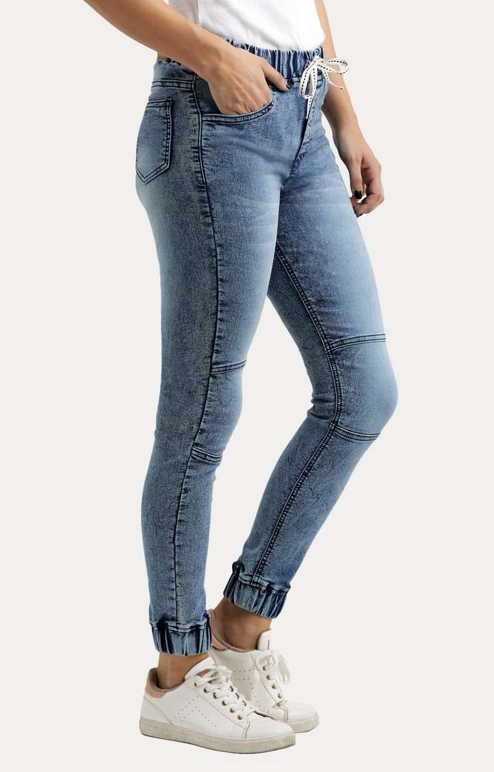 Women's Blue Solid Joggers Jeans