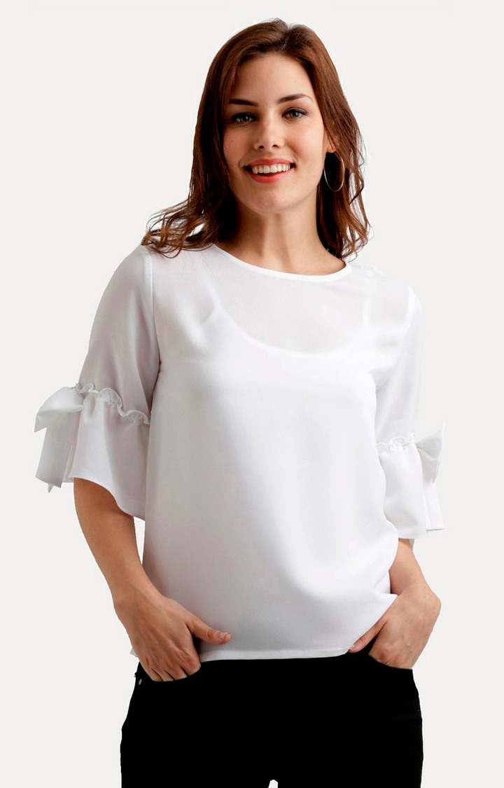 MISS CHASE | Women's White Polyester SolidCasualwear Tops