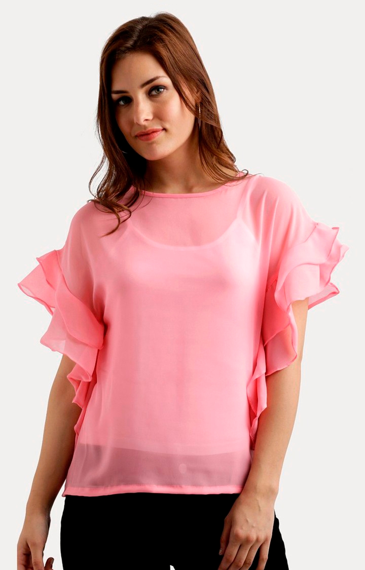 MISS CHASE | Women's Pink Georgette SolidCasualwear Tops