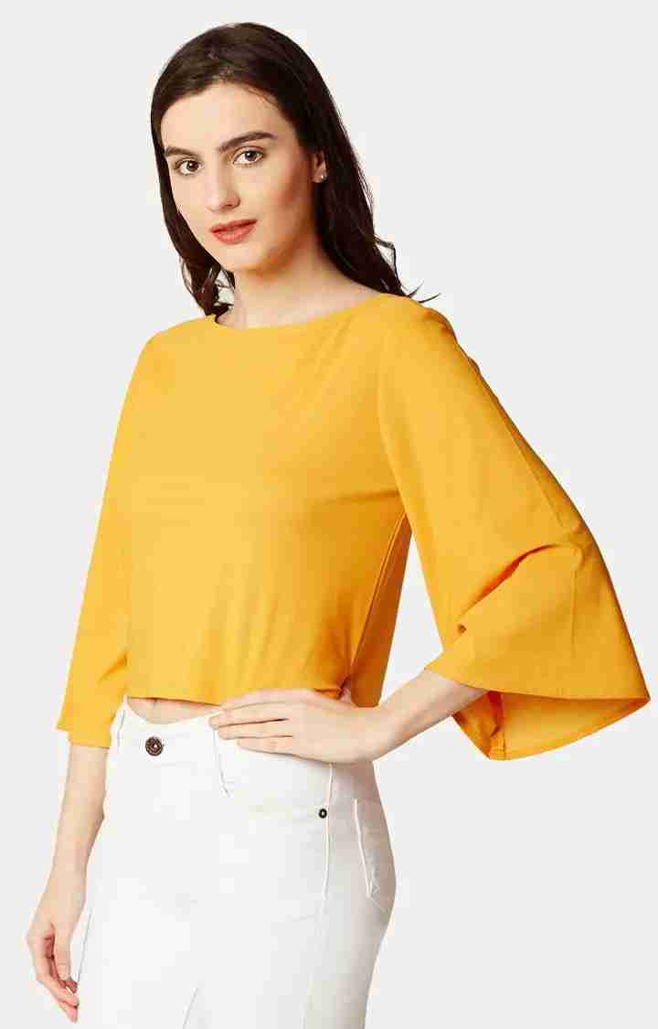 Women's Yellow Polyester SolidCasualwear Tops