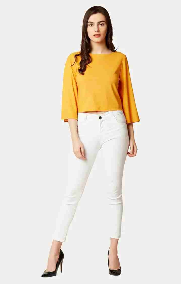 Women's Yellow Polyester SolidCasualwear Tops