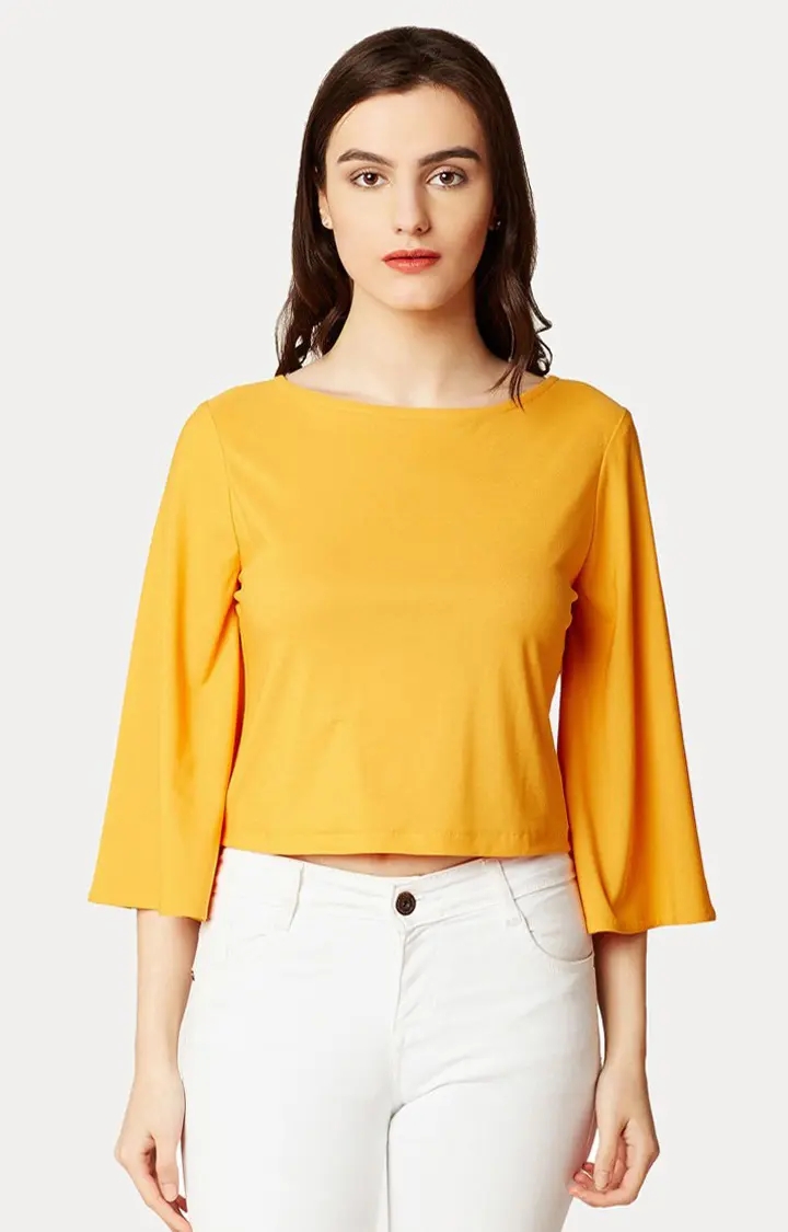 Women's Yellow Polyester SolidCasualwear Tops
