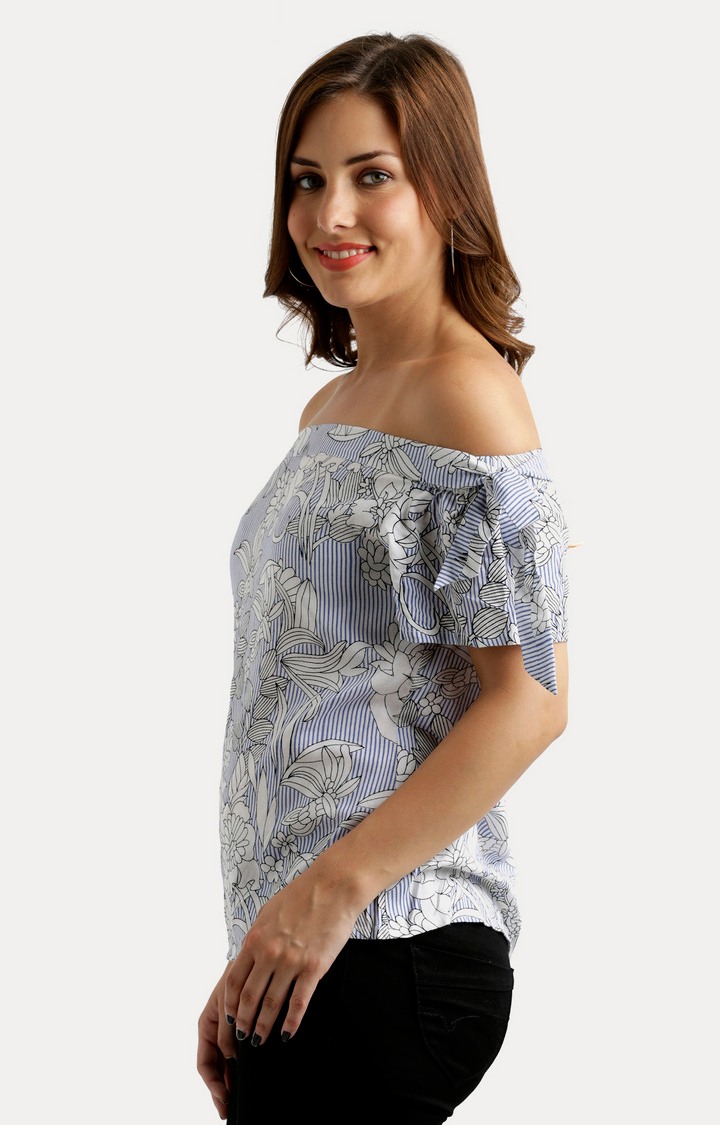 Women's Blue Rayon PrintedCasualwear Off Shoulder Top