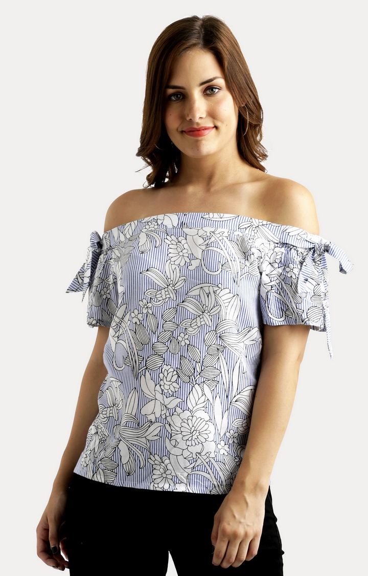 MISS CHASE | Women's Blue Rayon PrintedCasualwear Off Shoulder Top
