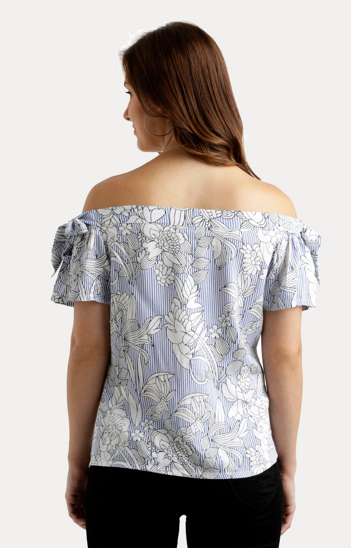 Women's Blue Rayon PrintedCasualwear Off Shoulder Top