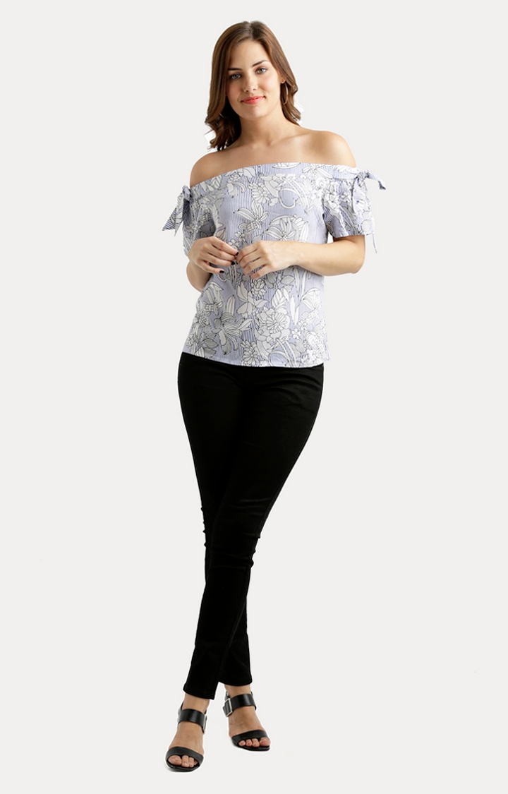 Women's Blue Rayon PrintedCasualwear Off Shoulder Top