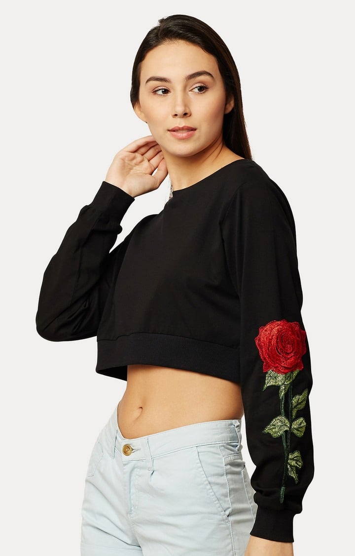 Women's Black Cotton SolidCasualwear Crop T-Shirts