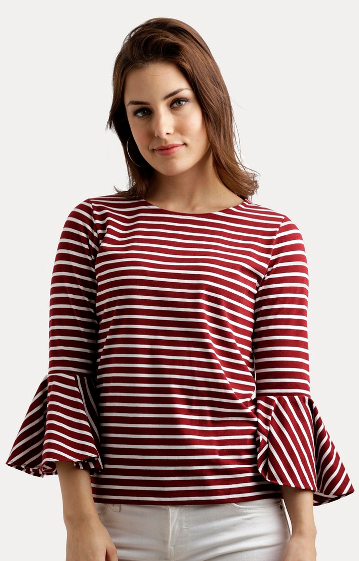 MISS CHASE | Women's Red Cotton StripedCasualwear Tops