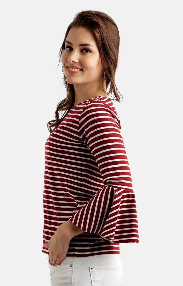 Women's Red Cotton StripedCasualwear Tops