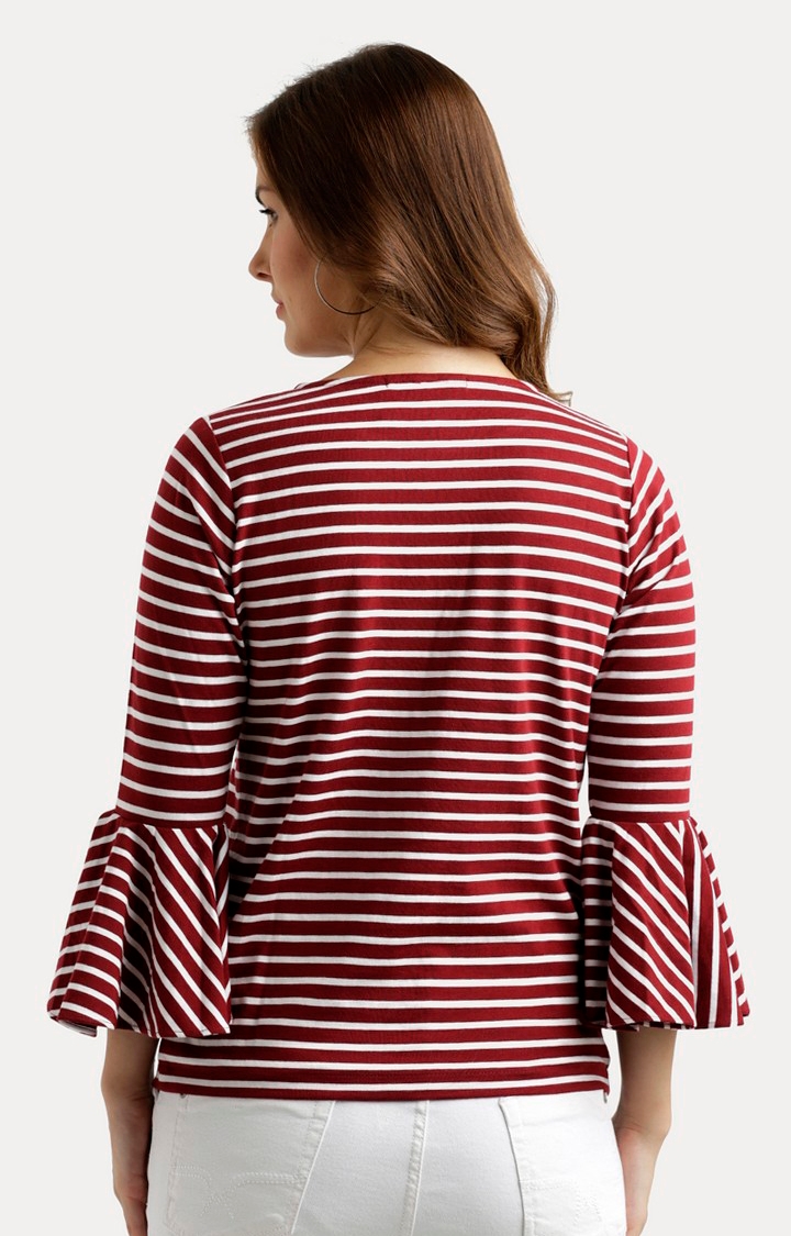 Women's Red Cotton StripedCasualwear Tops