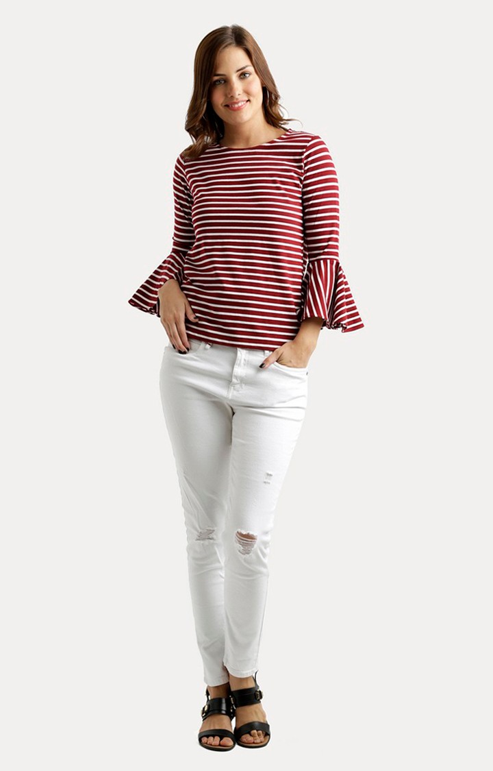 Women's Red Cotton StripedCasualwear Tops