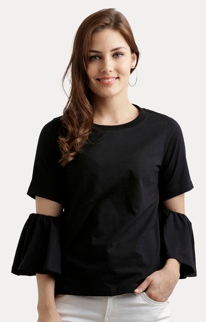 MISS CHASE | Women's Black Cotton SolidCasualwear Tops