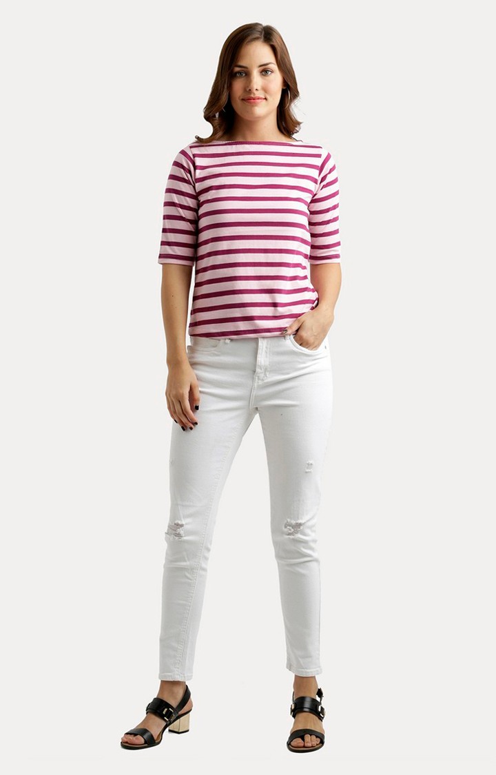 Women's Red Cotton StripedCasualwear Regular T-Shirts