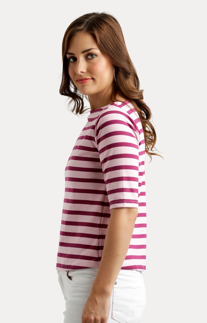 Women's Red Cotton StripedCasualwear Regular T-Shirts