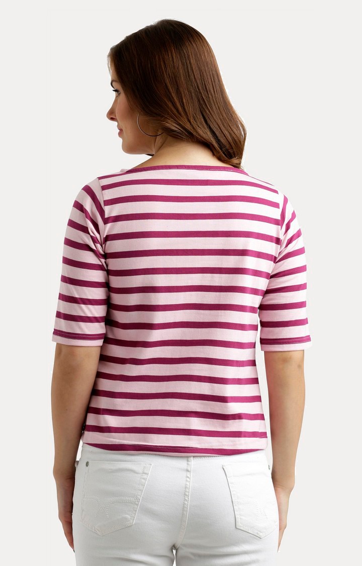 Women's Red Cotton StripedCasualwear Regular T-Shirts