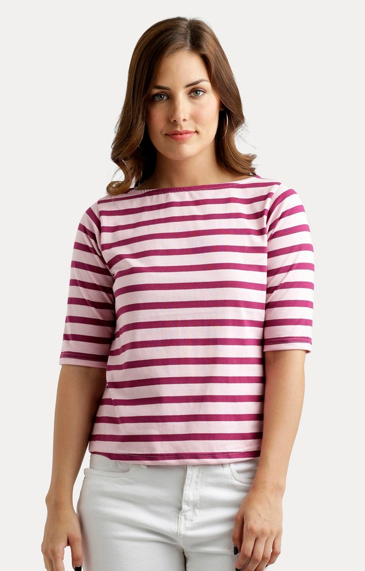 MISS CHASE | Women's Red Cotton StripedCasualwear Regular T-Shirts