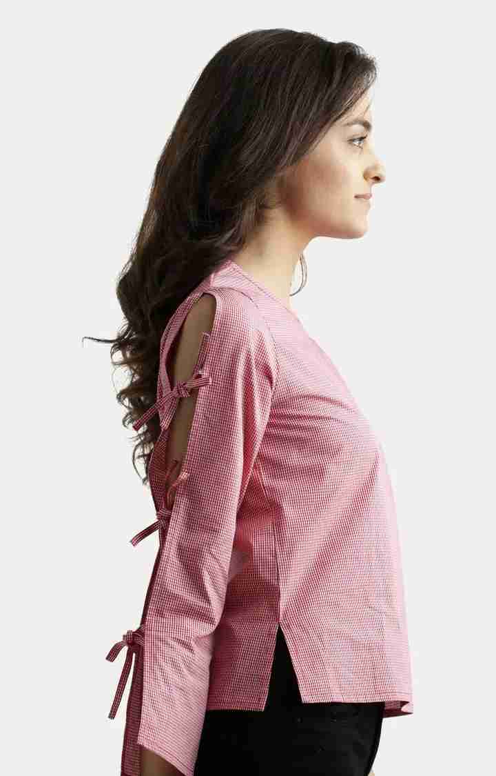 Women's Red Cotton CheckedCasualwear Tops