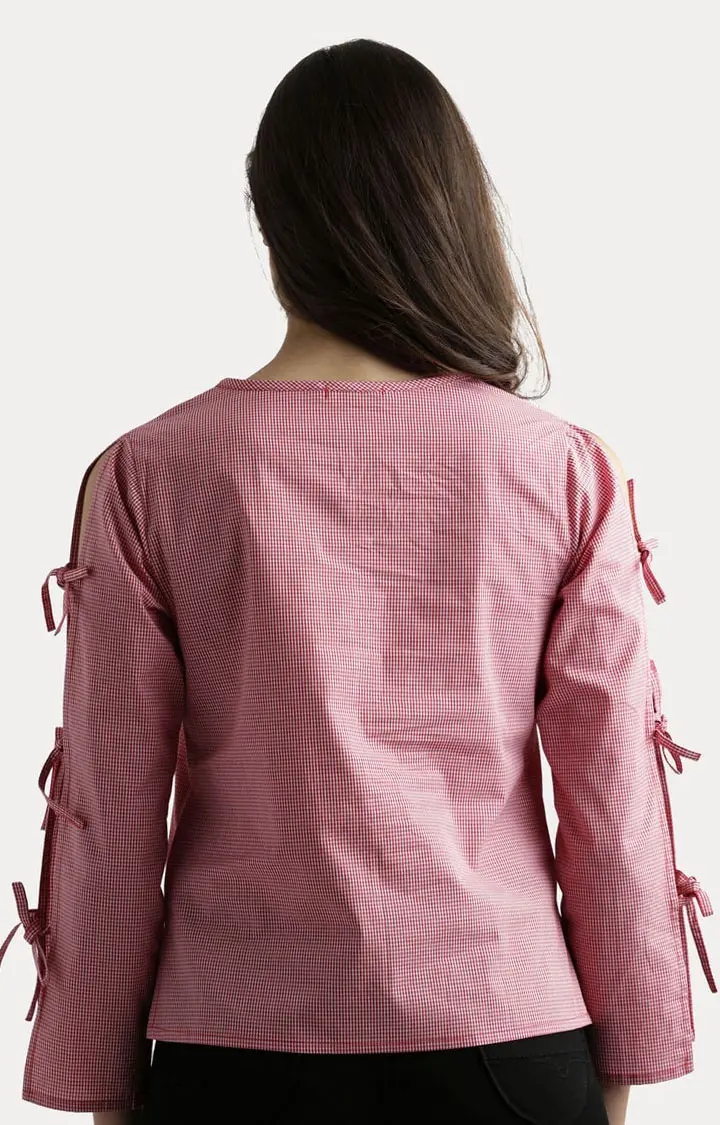 Women's Red Cotton CheckedCasualwear Tops