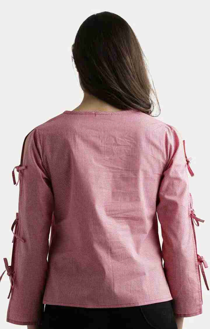 Women's Red Cotton CheckedCasualwear Tops