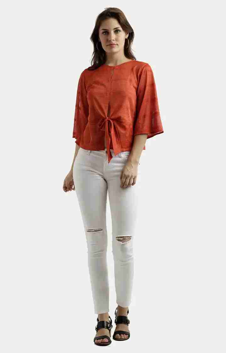 Women's Orange Polyester SolidCasualwear Tops