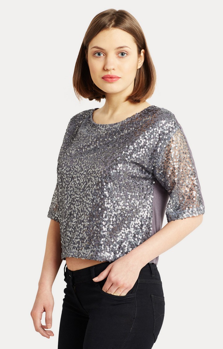 Women's Grey Polyester SolidCasualwear Crop Top