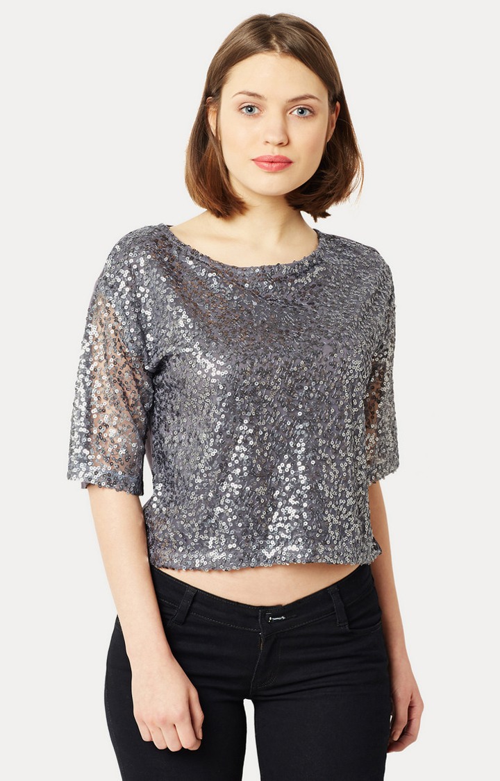 Women's Grey Polyester SolidCasualwear Crop Top