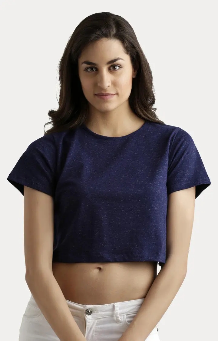Women's Blue Melange Crop T-Shirt