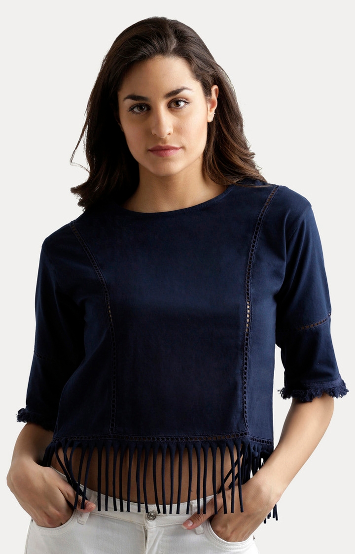 MISS CHASE | Women's Blue Solid Crop Top 0