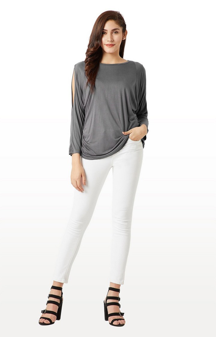 Women's Grey Polyester SolidCasualwear Tops