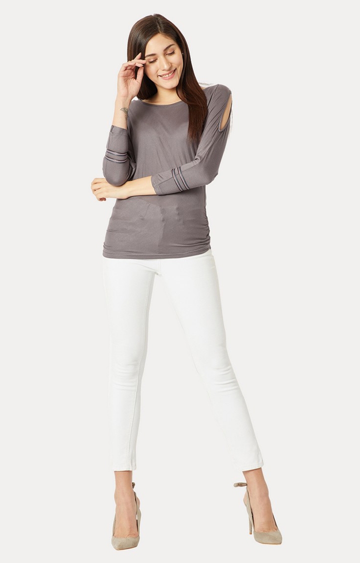 Women's Grey Polyester MelangeCasualwear Tops