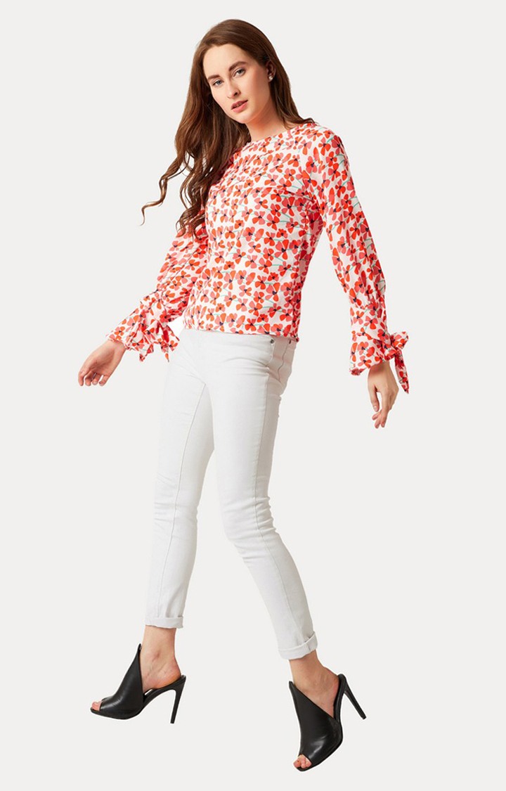 Women's Orange Crepe FloralCasualwear Tops