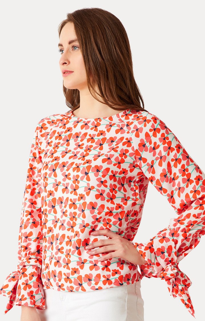 Women's Orange Crepe FloralCasualwear Tops