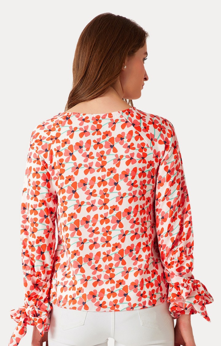 Women's Orange Crepe FloralCasualwear Tops
