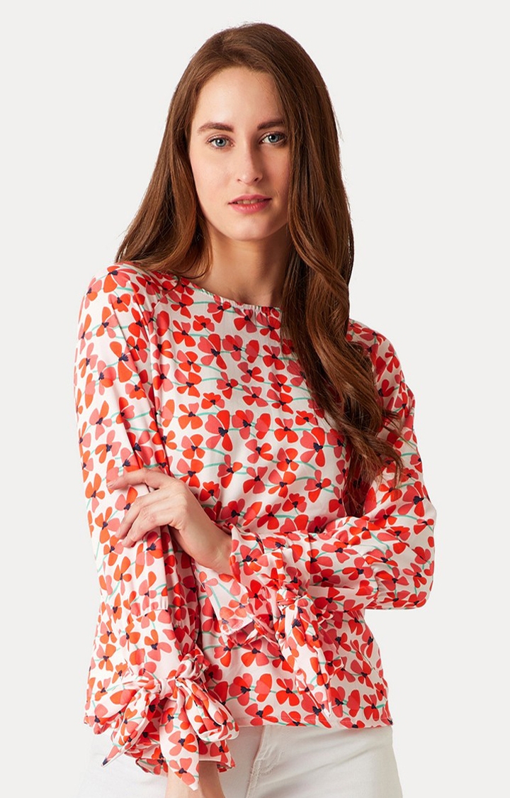 MISS CHASE | Women's Orange Crepe FloralCasualwear Tops