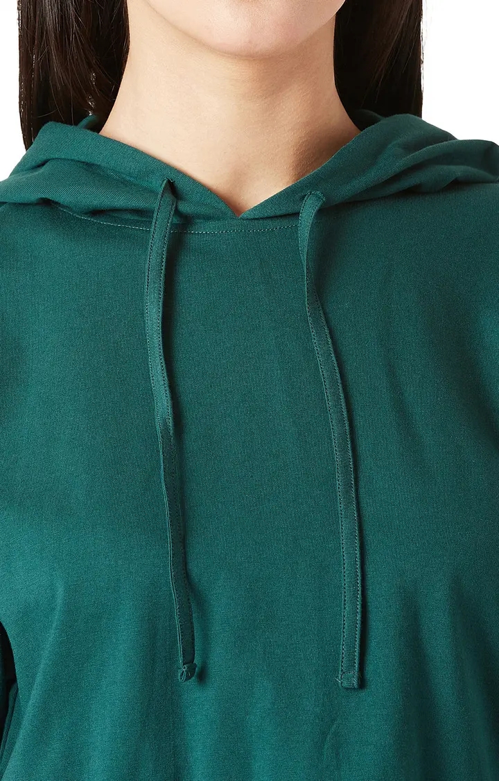 Women's Green Cotton SolidStreetwear Hoodies