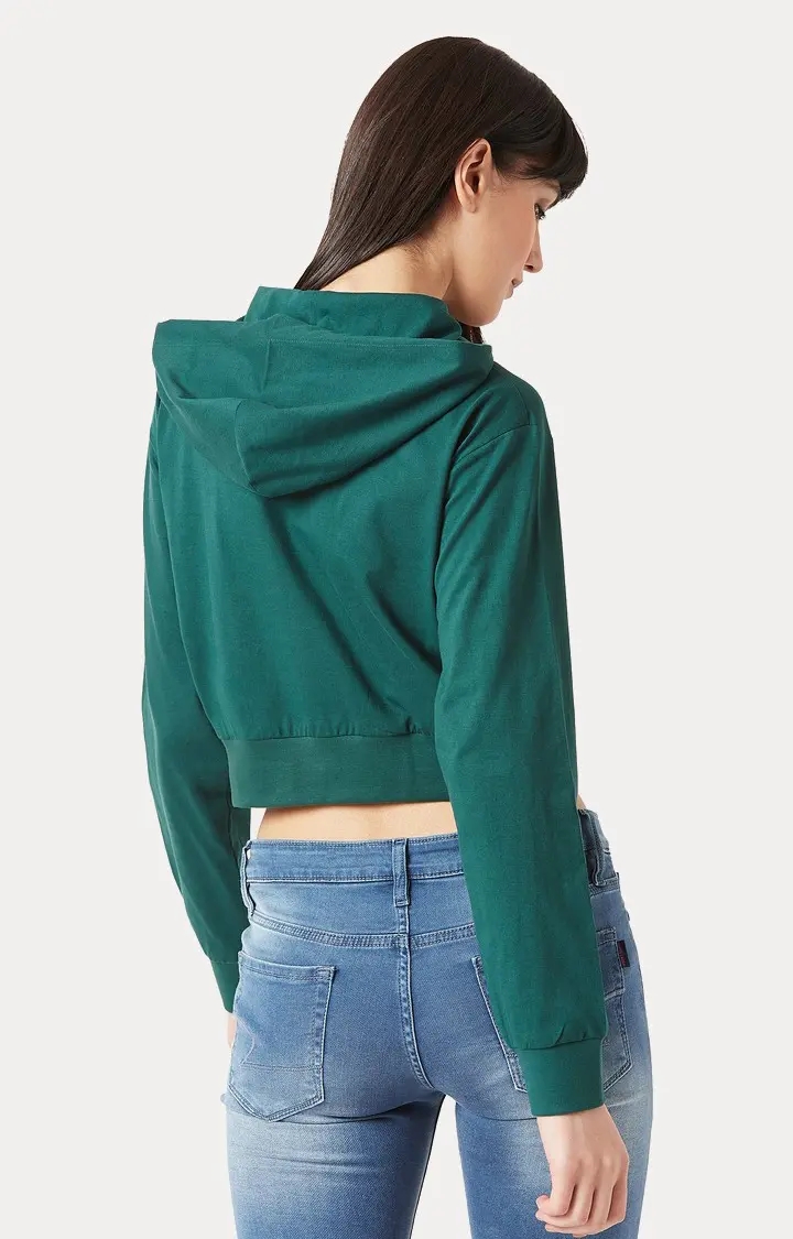Women's Green Cotton SolidStreetwear Hoodies