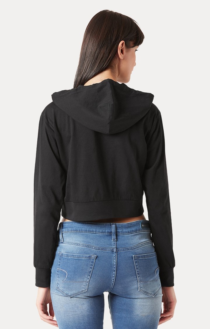 Women's Black Cotton SolidStreetwear Hoodies