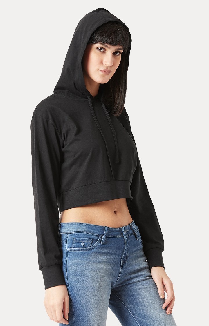 Women's Black Cotton SolidStreetwear Hoodies