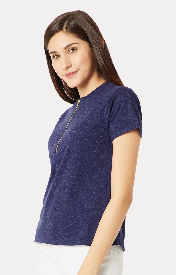 Women's Blue Cotton MelangeCasualwear Regular T-Shirts