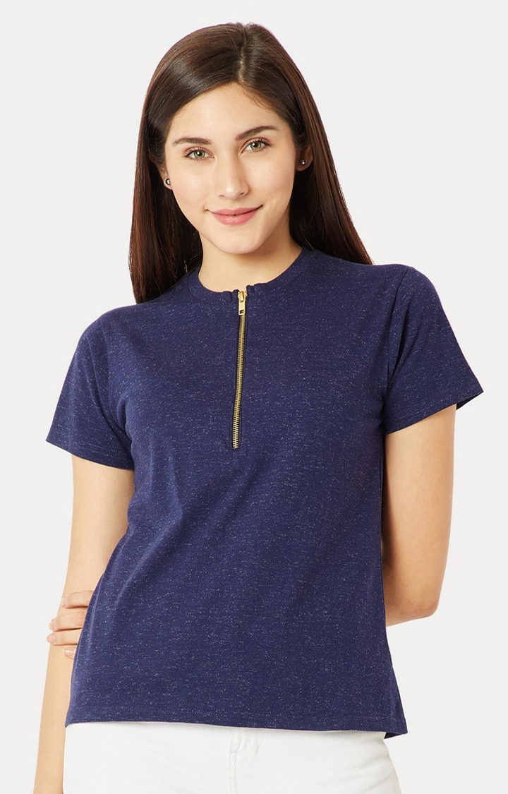 MISS CHASE | Women's Blue Melange Regular T-Shirts