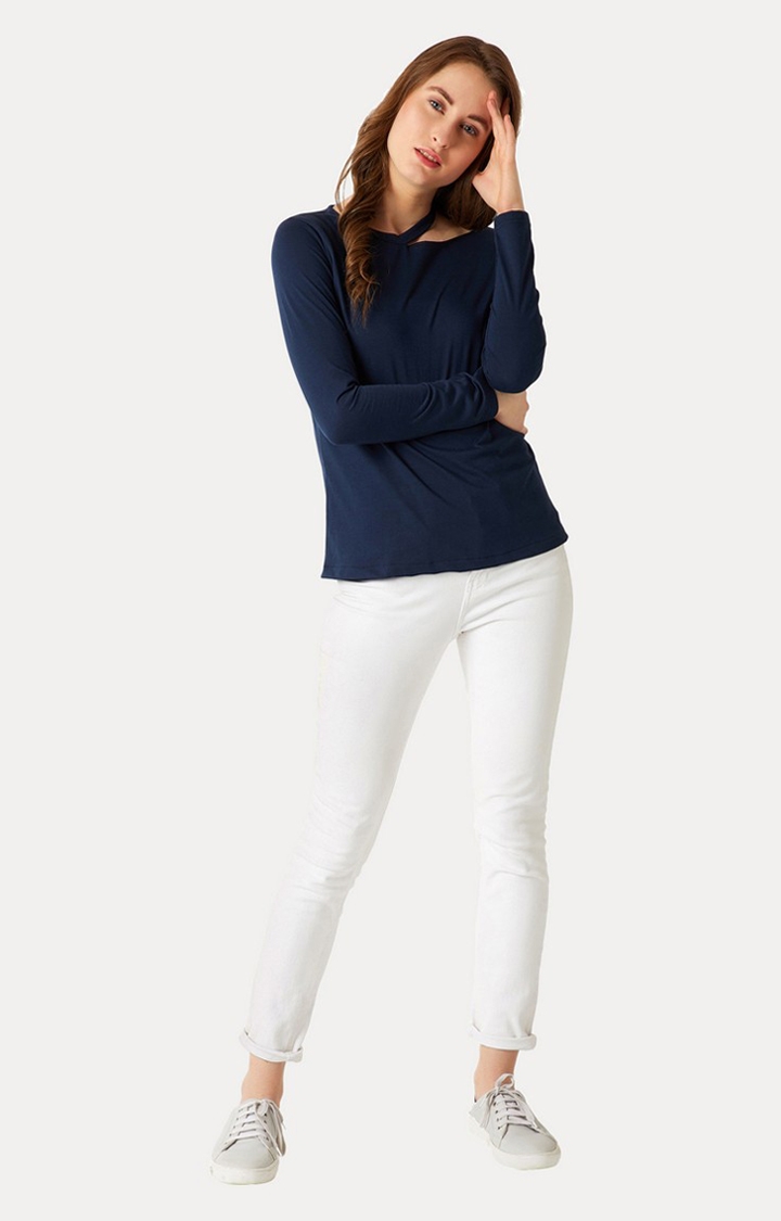 Women's Blue Cotton SolidCasualwear Regular T-Shirts