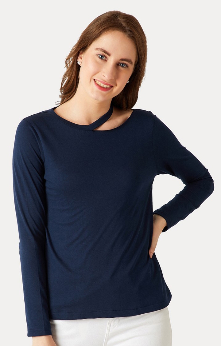 MISS CHASE | Women's Blue Cotton SolidCasualwear Regular T-Shirts