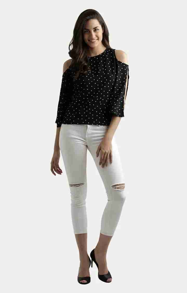 Women's Black Crepe Polka DotsCasualwear Tops
