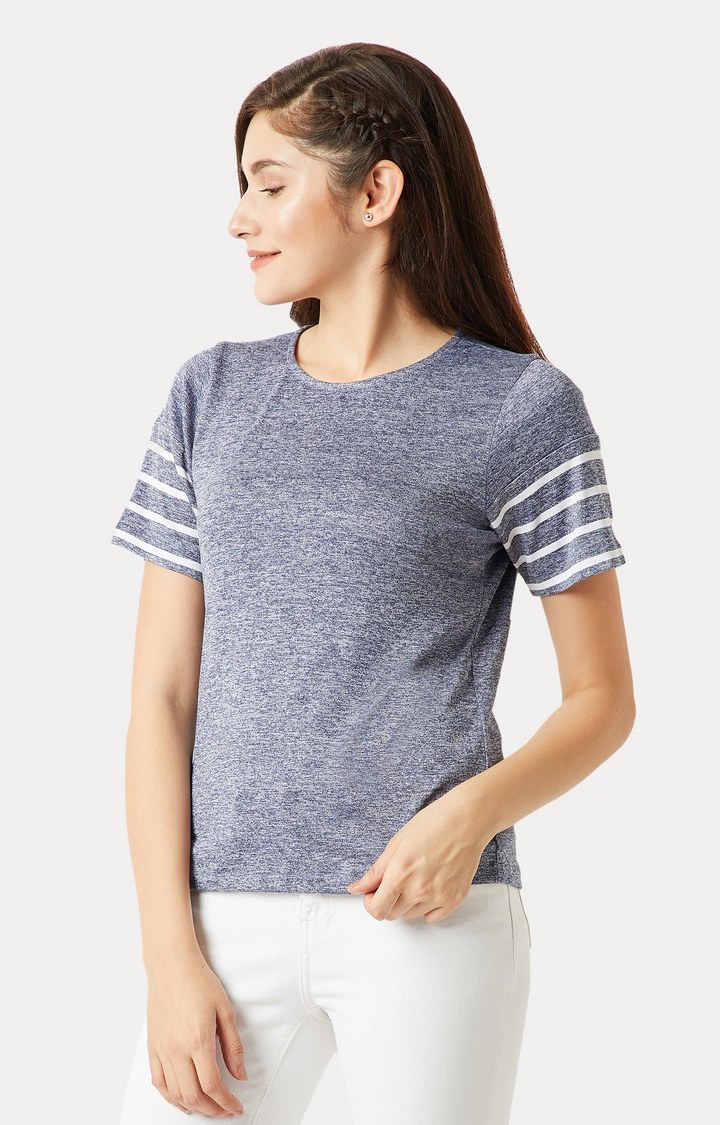 Women's Blue Cotton MelangeCasualwear Regular T-Shirts