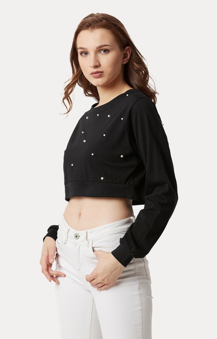 Women's Black Cotton SolidCasualwear Crop T-Shirts