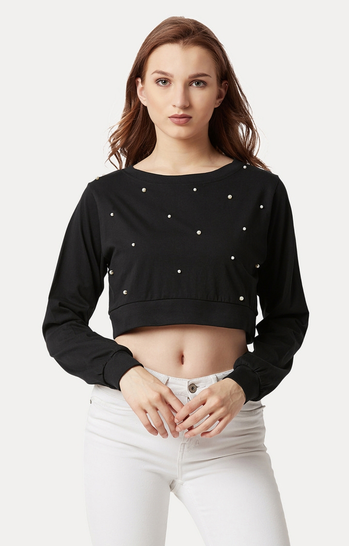 MISS CHASE | Women's Black Cotton SolidCasualwear Crop T-Shirts