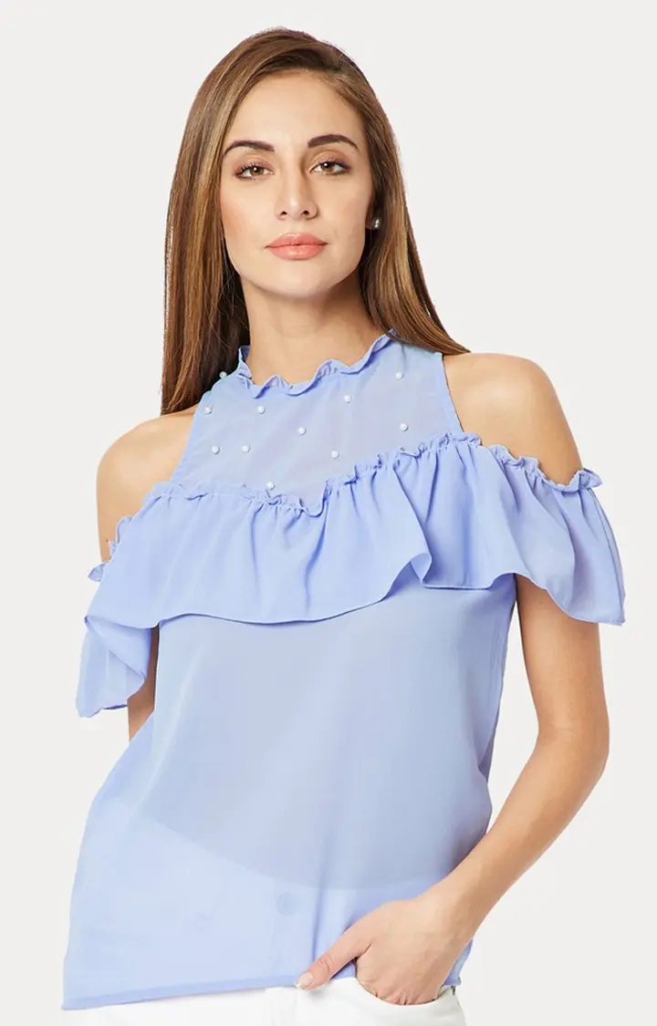 MISS CHASE | Women's Blue Georgette SolidCasualwear Tops
