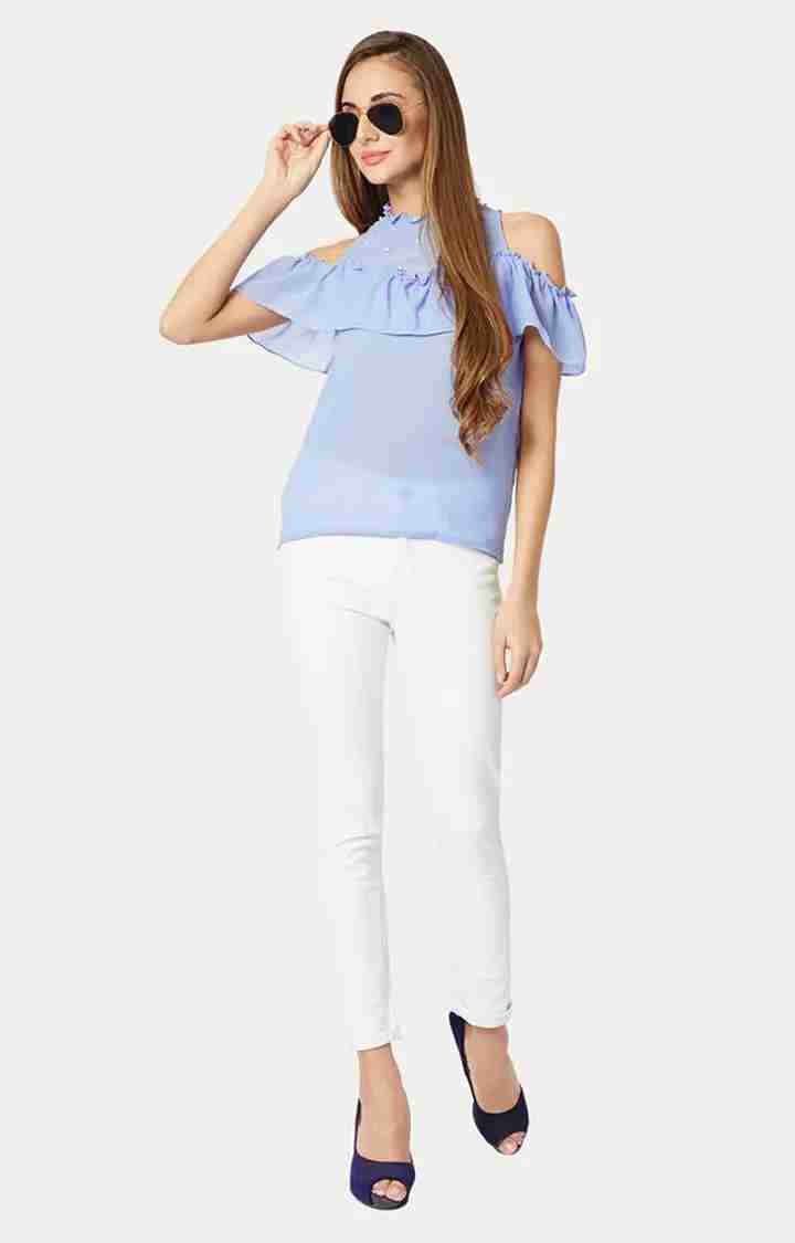 Women's Blue Georgette SolidCasualwear Tops