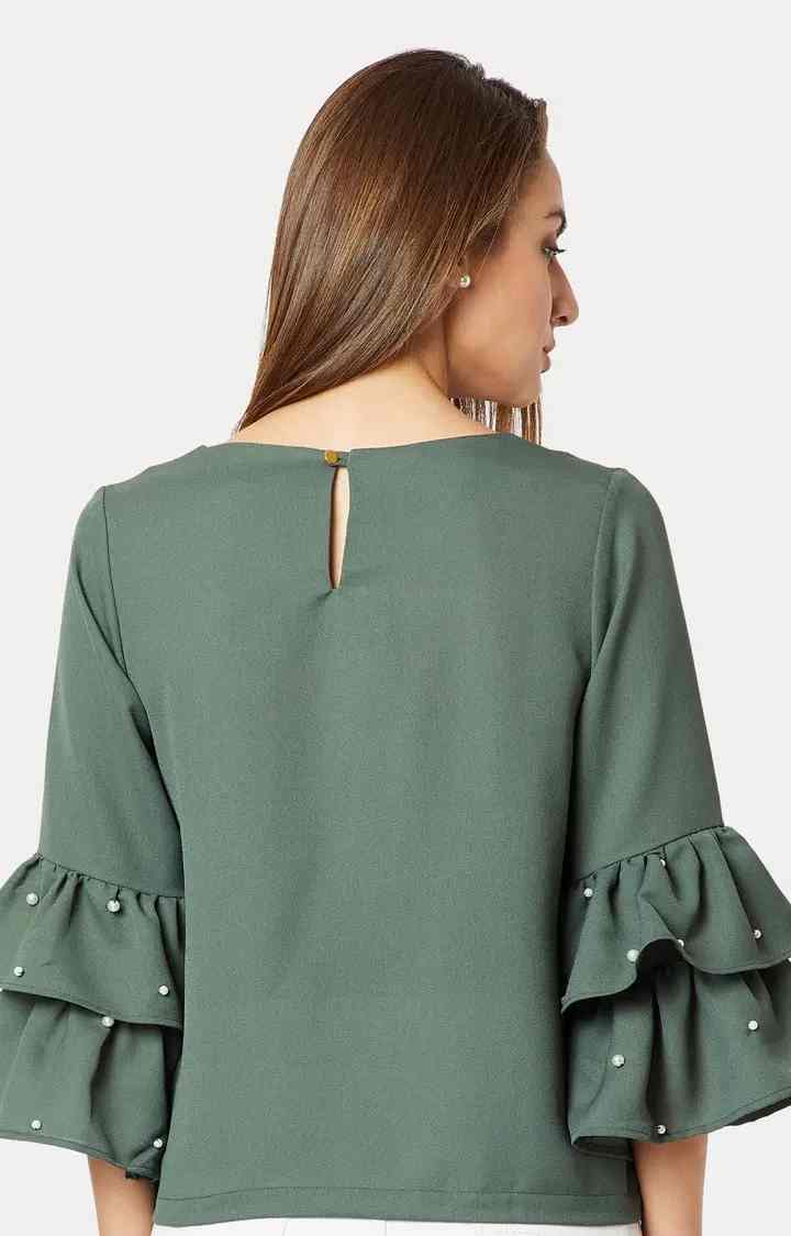 Women's Green Crepe SolidCasualwear Tops