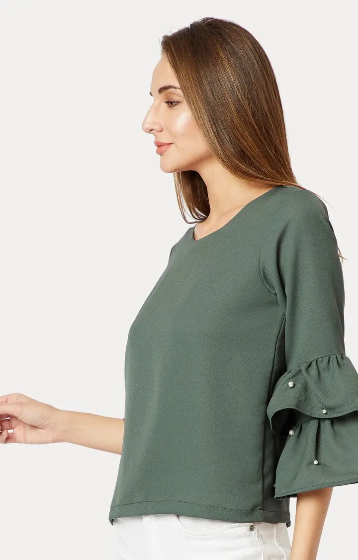 Women's Green Crepe SolidCasualwear Tops